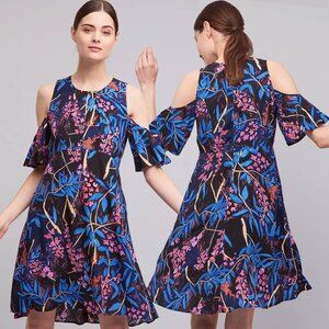 Anthropologie Maeve Elia Open Shoulder Navy Blue Floral Ruffle Sleeve Mini Dress